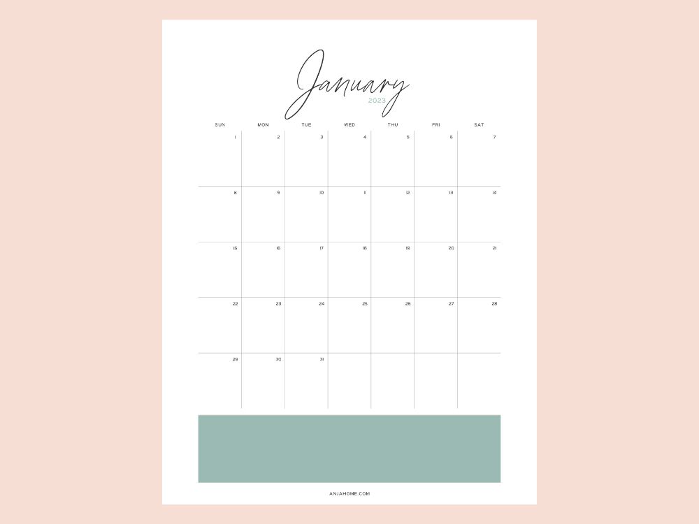 green cut January calendar 2023 monthly overview