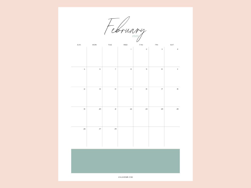 green printable calendar for february 2023