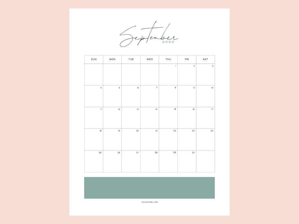 Modern Printable September Calendar Sage Green