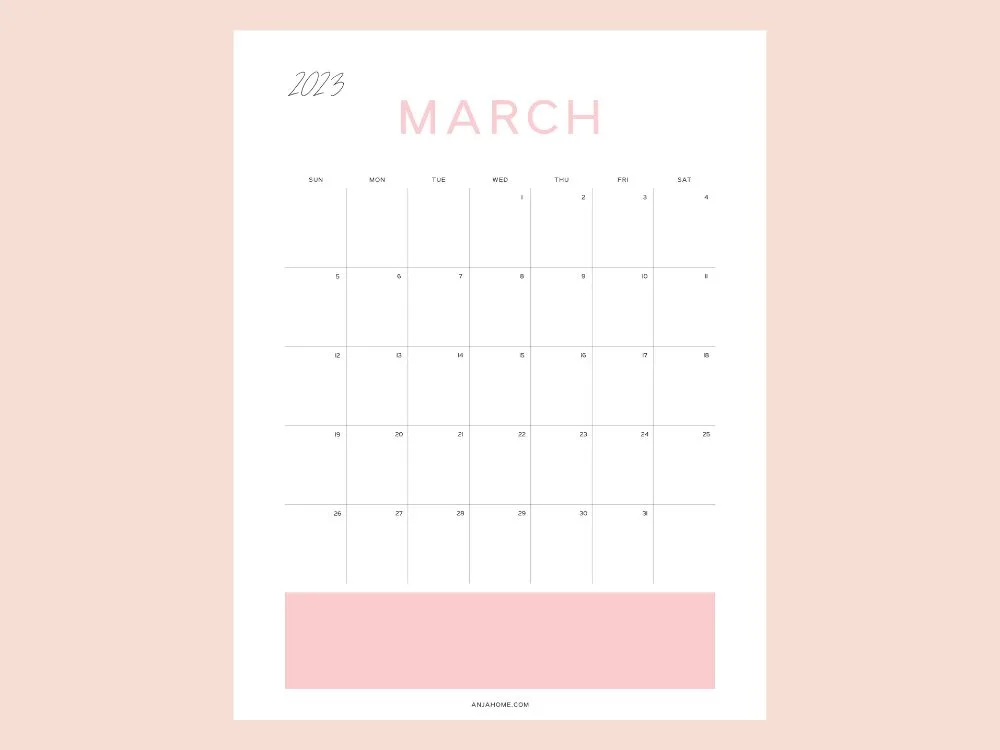 pink 2023 March cute calendar printable
