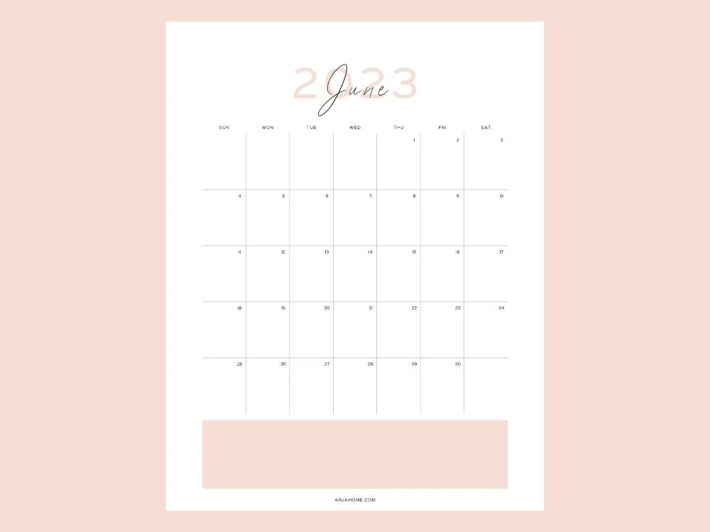 minimalist calendar for June 2023
