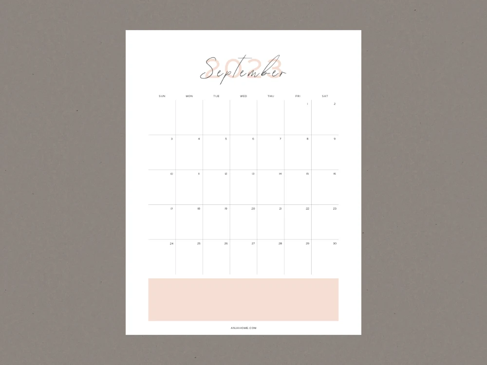 Minimalist Free Printable September Calendar Pink