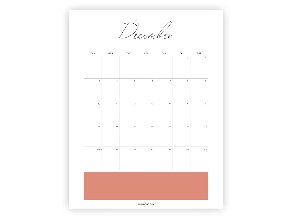 printable December calendars minimal