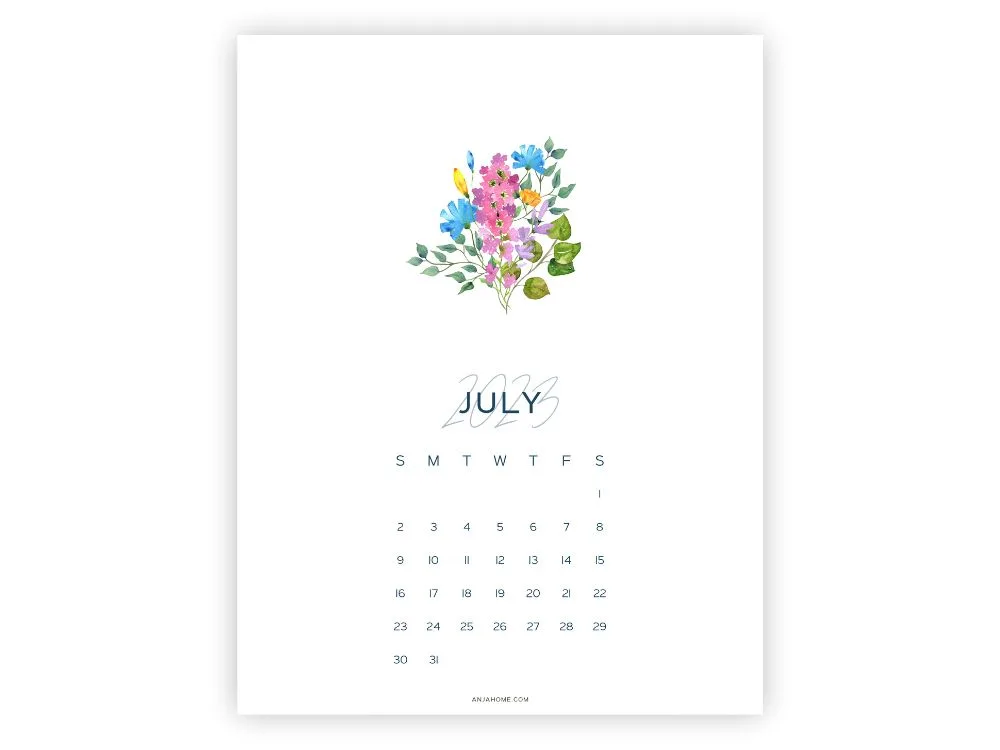 july 2023 calendars US Letter printable pretty floral