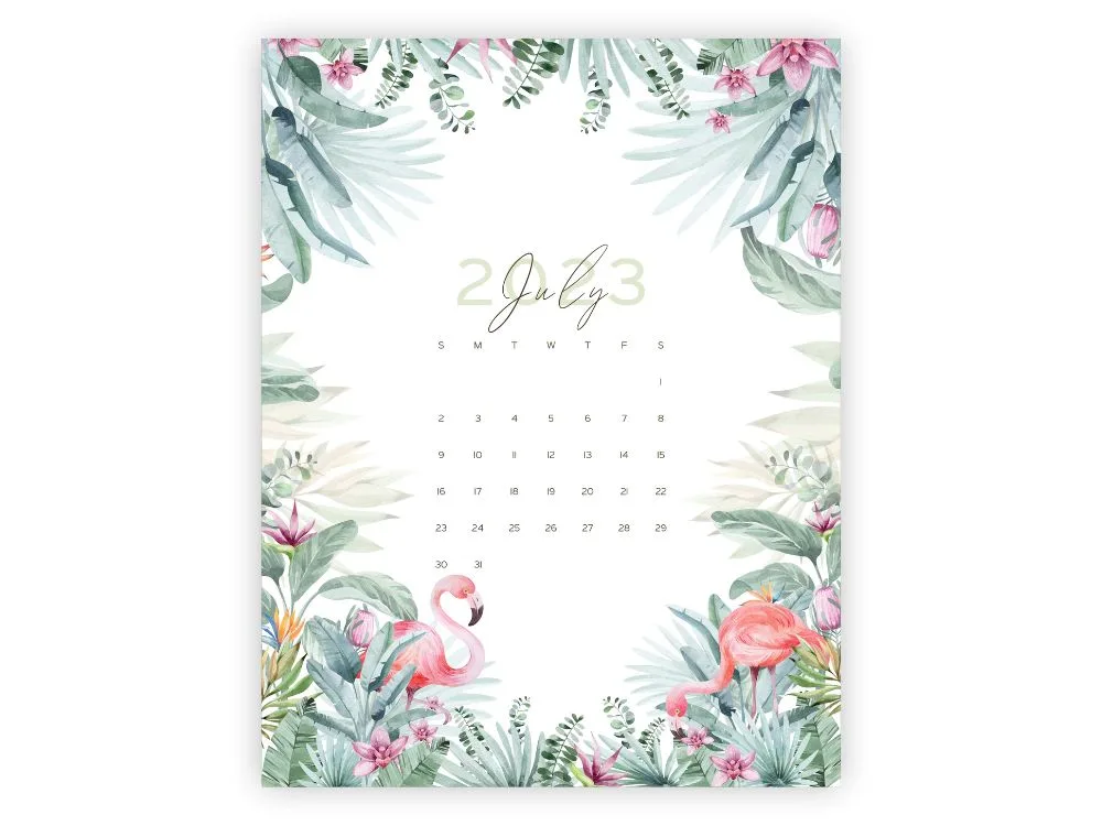 july 2023 calendar printable tropical planner