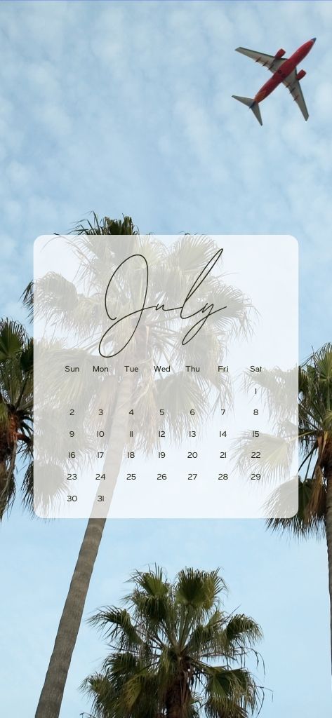july 2023 calendar wallpaper phone plane palm trees