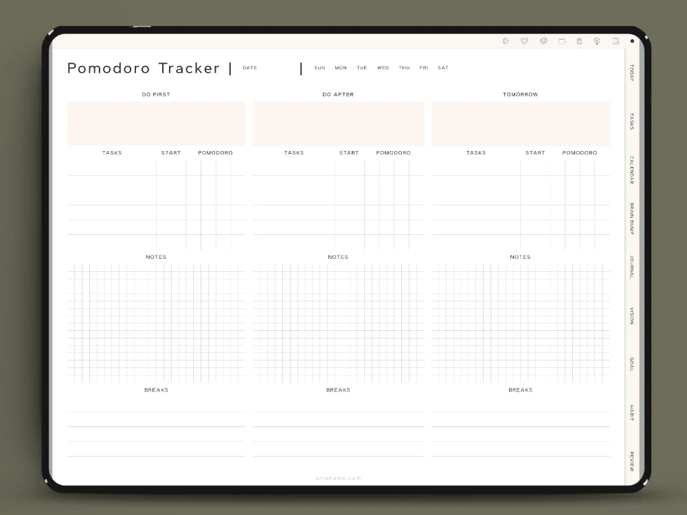 minimalist downloadable digital planner Pomodoro tracker
