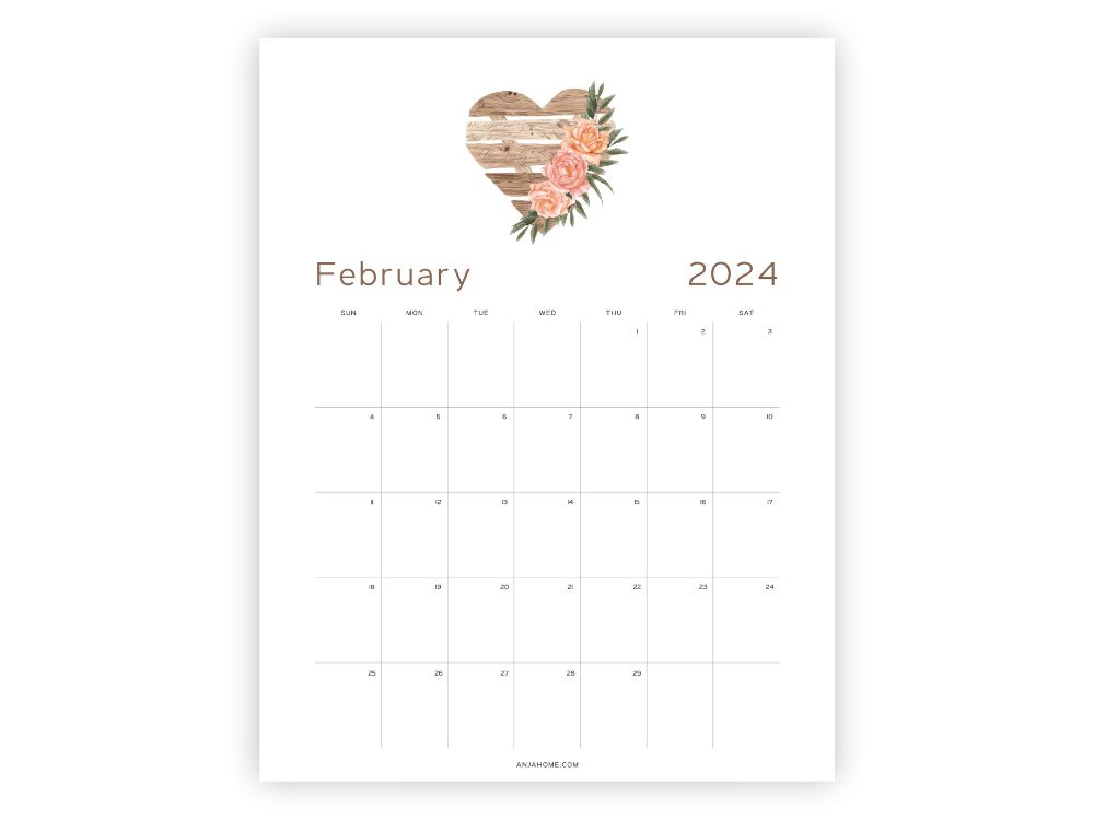 february print calendar Valentine's Day heart