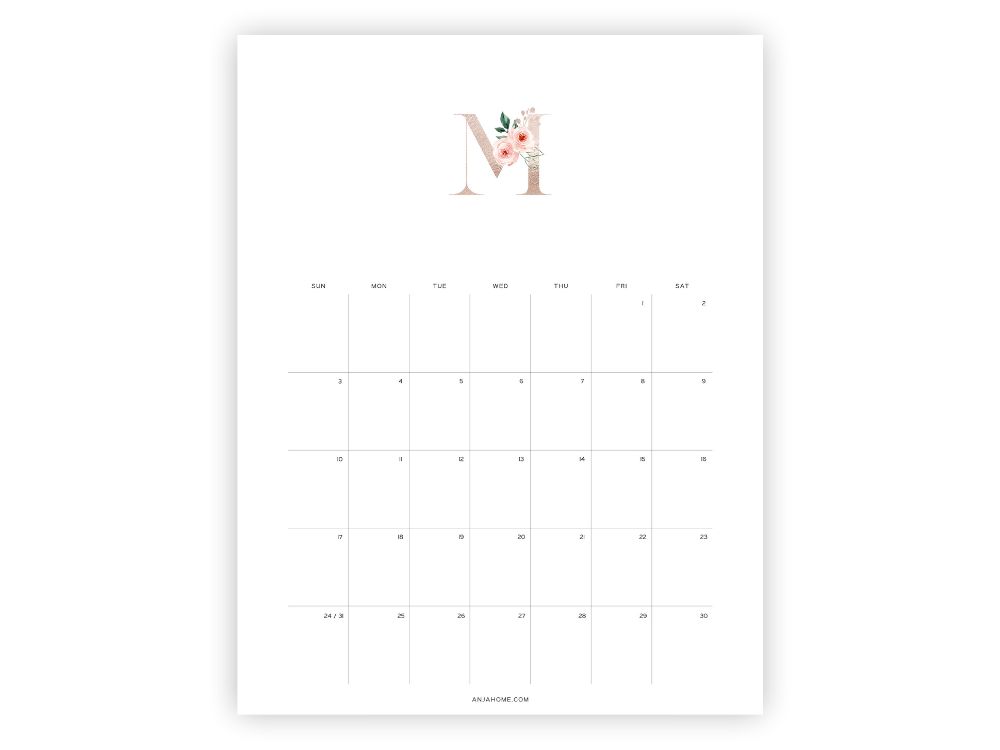 march calendar free printable gold floral