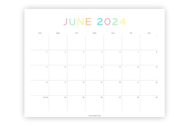 Cute June 2024 Calendar Printables - AnjaHome