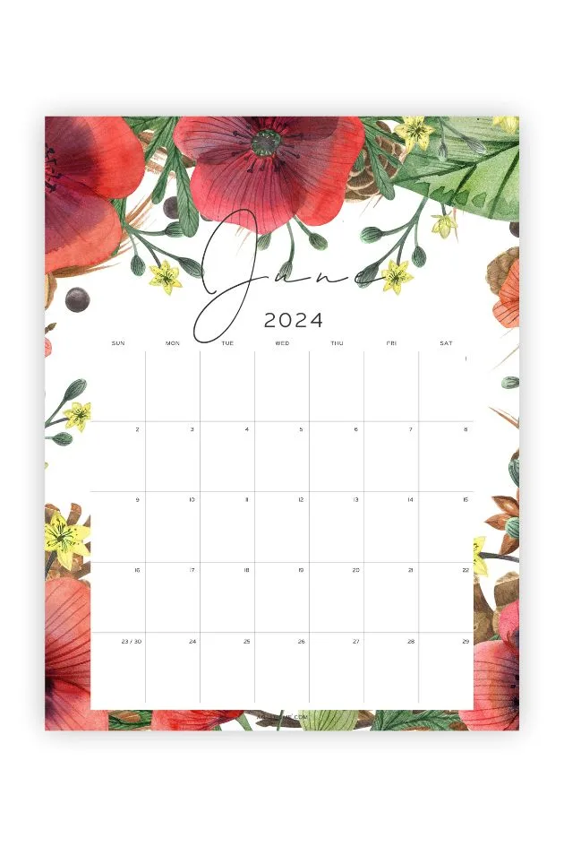 june month calendar floral