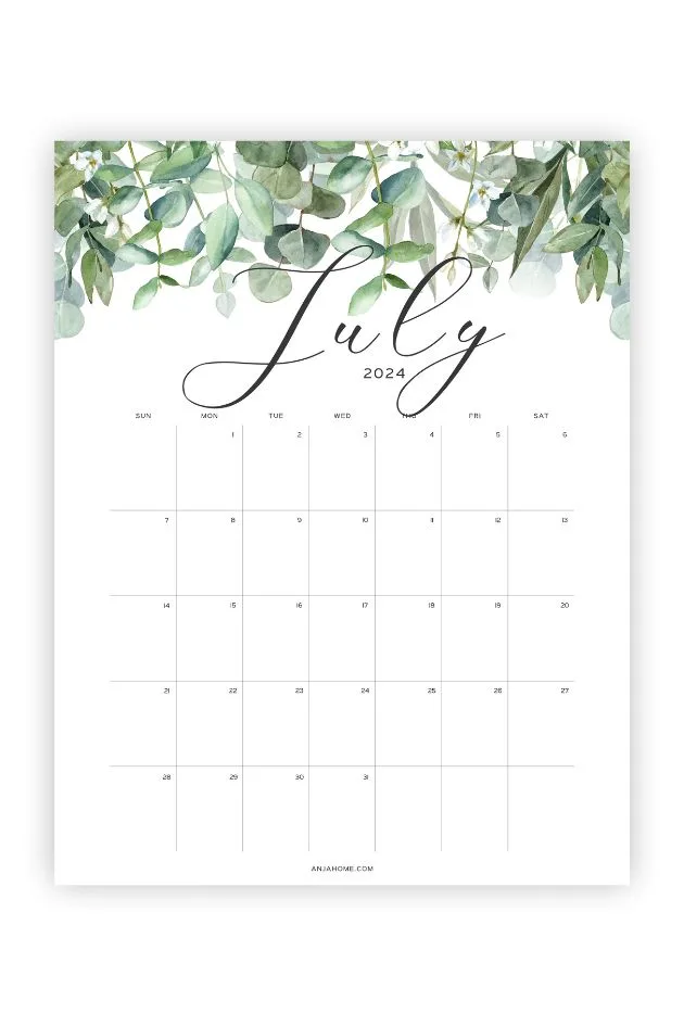 july calendar 2024 cute green