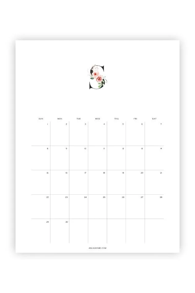 free calendar september 2024 floral black