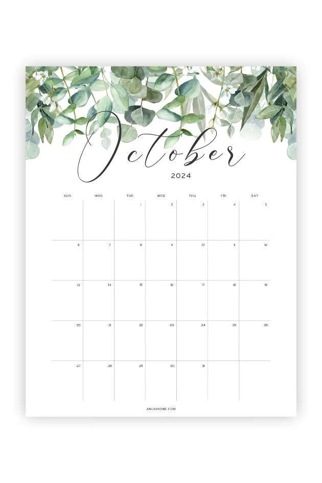 free printable calendar october green