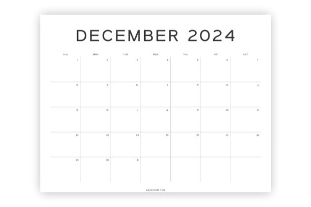 minimalist calendar december printable