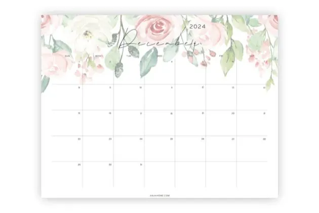 floral december monthly calendar printable