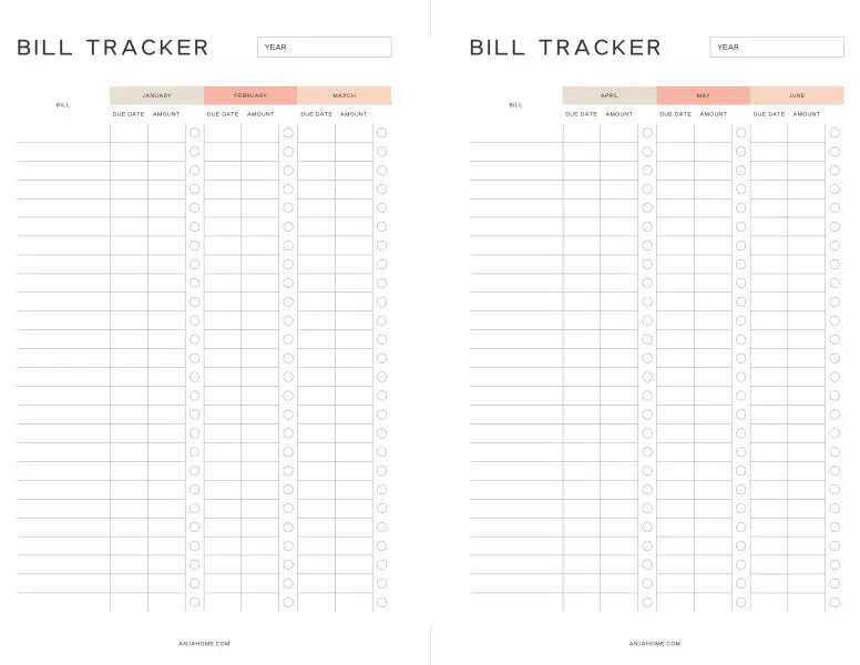 printable monthly bill organizer