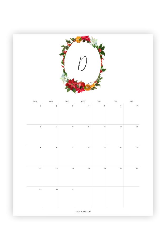 holiday month of december calendar printable