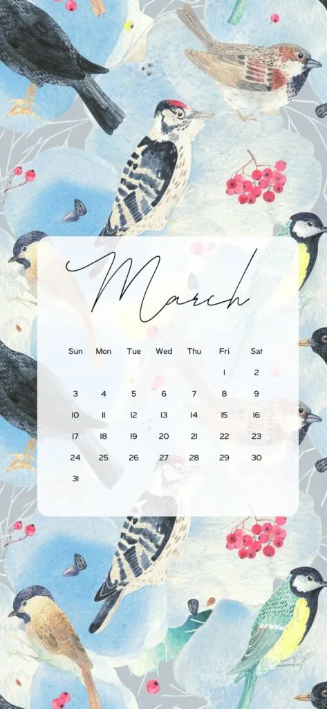 march calendar 2024 background elegant spring birds