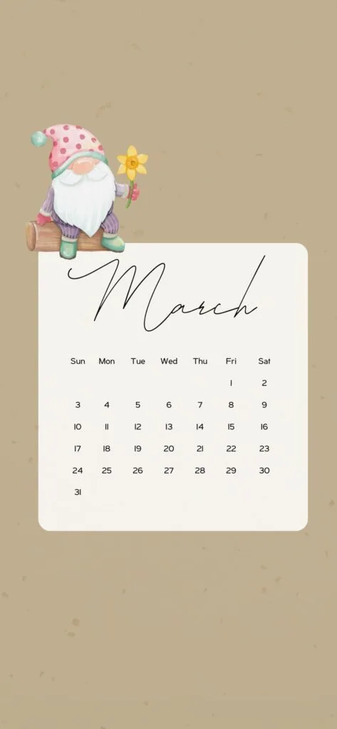 march wallpaper calendar cute gnom olive green
