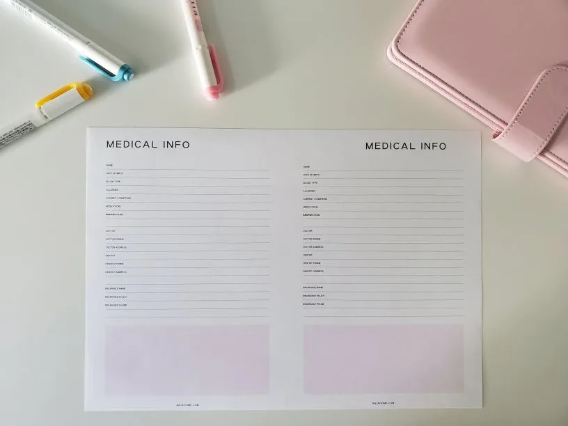 free printable for planner medical info