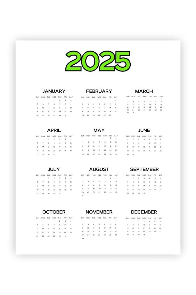 neon pdf printable full year calendar 2025 Yearly Calendar Planner Pages