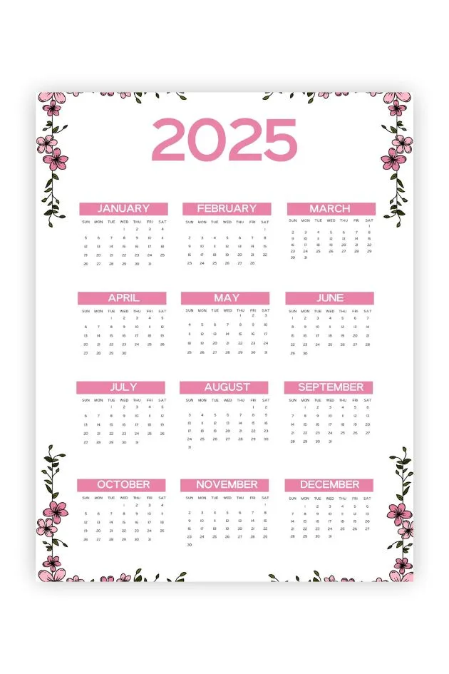 cute free printable year at a glance calendar 2025