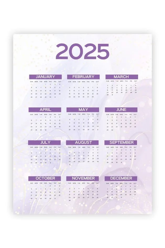 purple printable 2025 monthly calendar