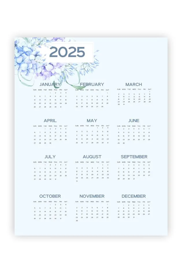 blue pretty 2025 calendar