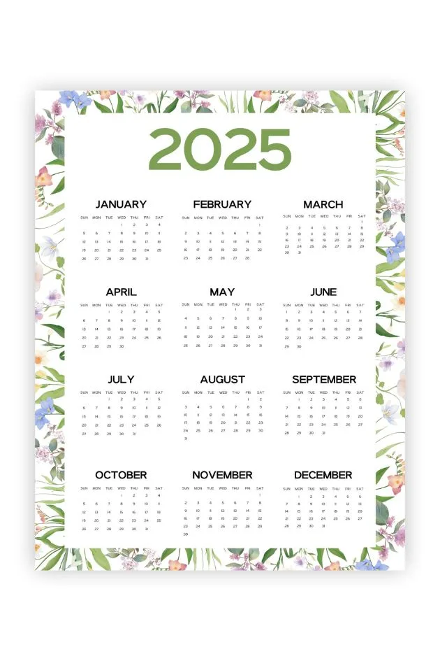 floral printable yearly calendar one page