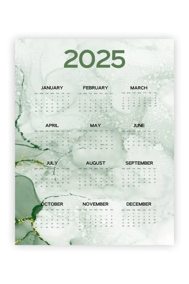 sage green free printable yearly calendar 2025