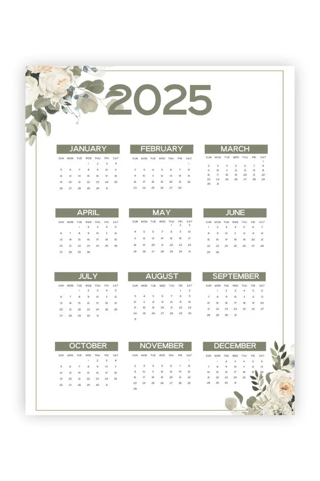 aesthetic year calendar printable 2025