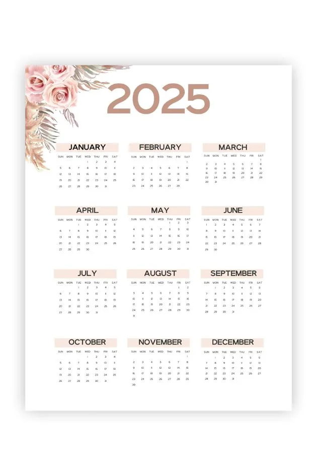 floral yearly calendar on one page template