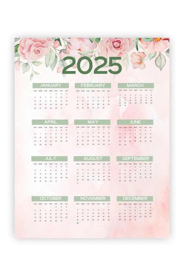 floral year at a glance calendar printable 2025