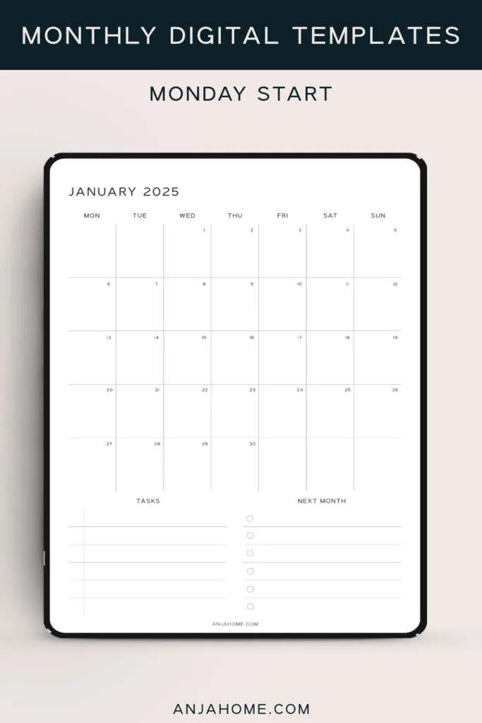 Monthly Template PDF portrait dark digital calendar atesthetic