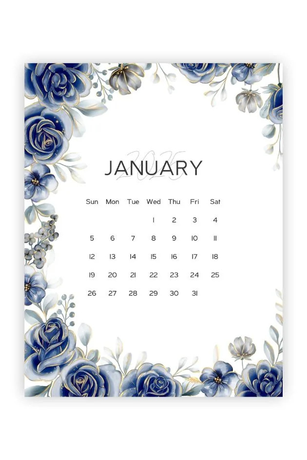 january 2025 free printable calendar gold blue floarls