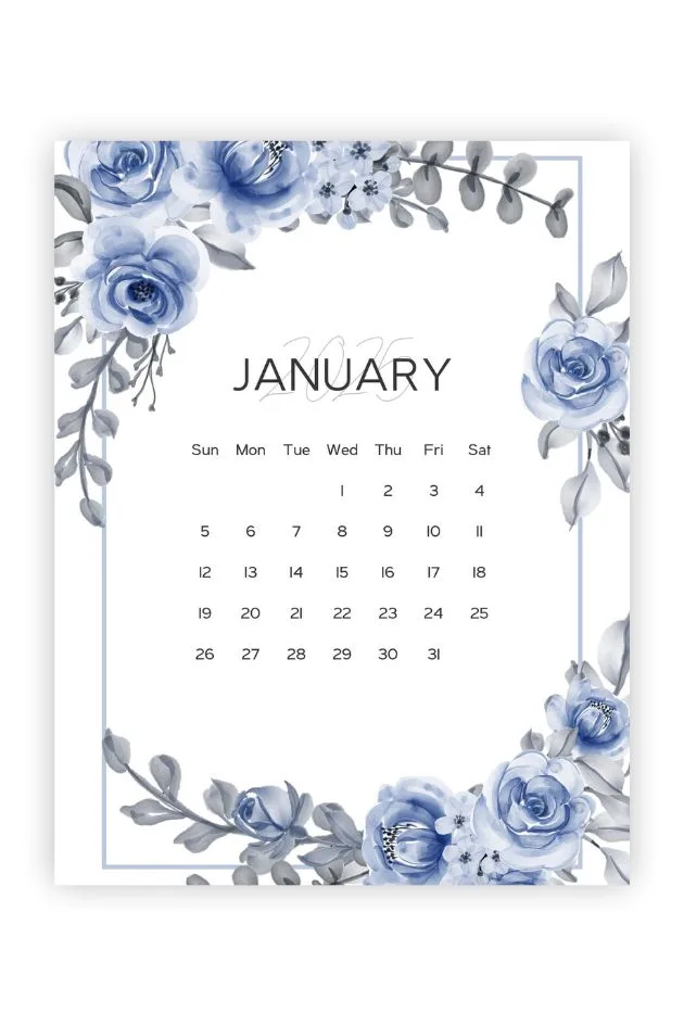 jan 25 calendar printable blue floral cute