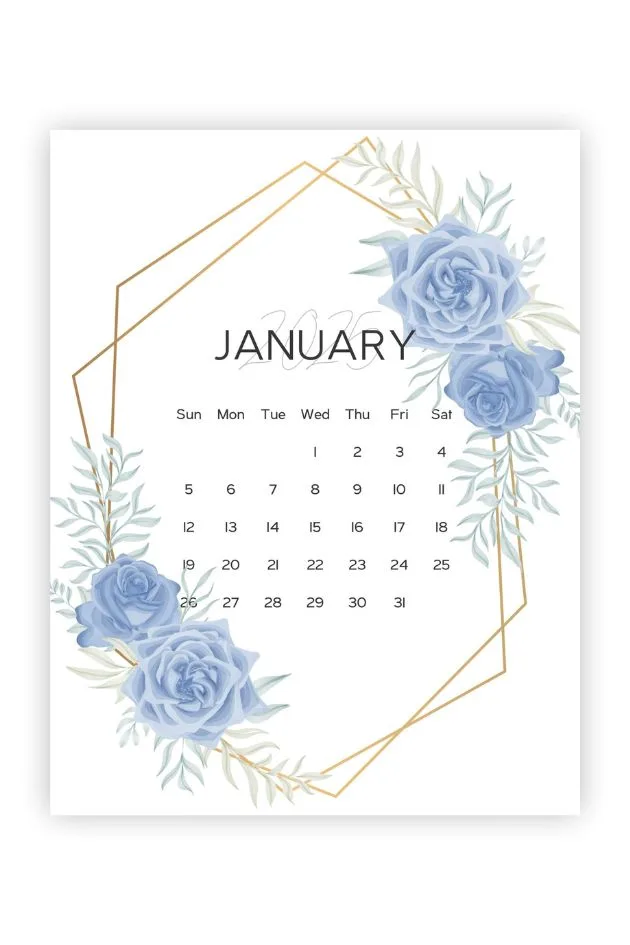 printable calendar for january gold blue flower aesthetic