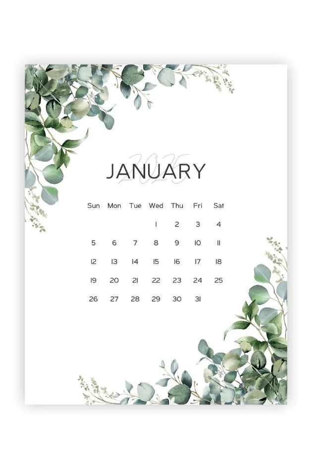 january calendar free printable greenery aesthetic