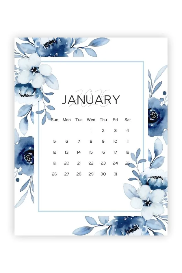 blank january calendar printable blue flowers minimal