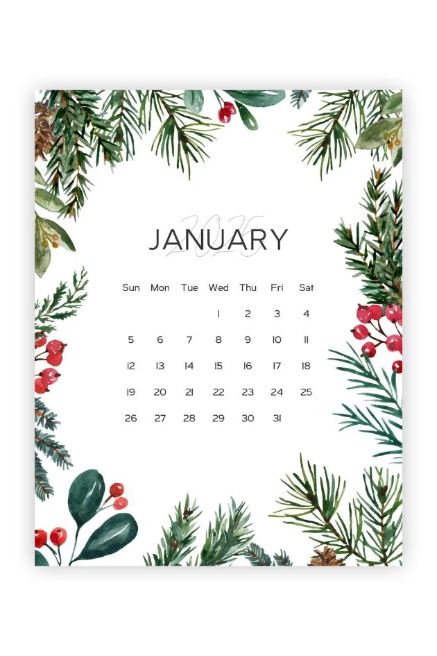 free calendar for january greenery winter