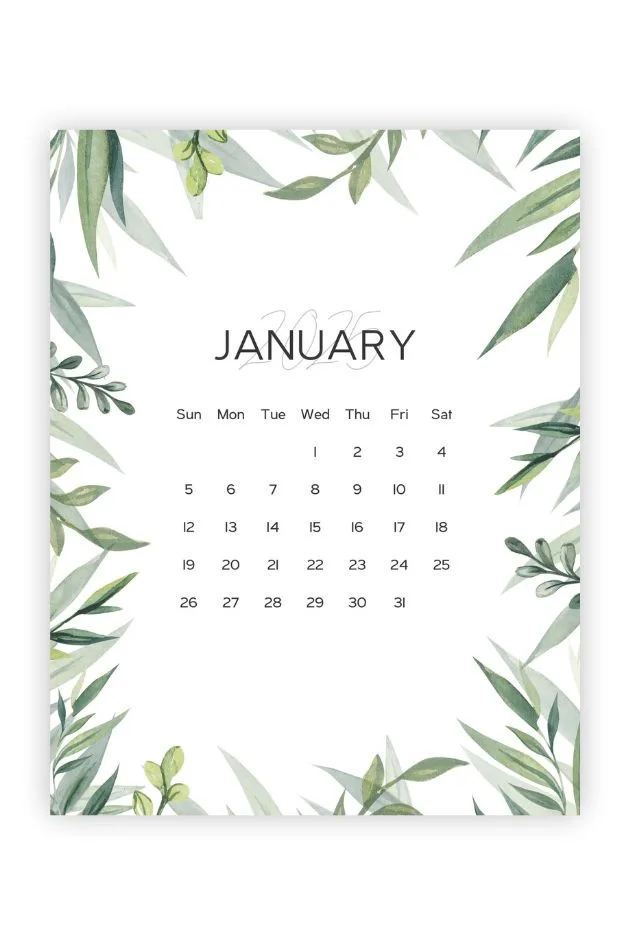 january month calendar greenery