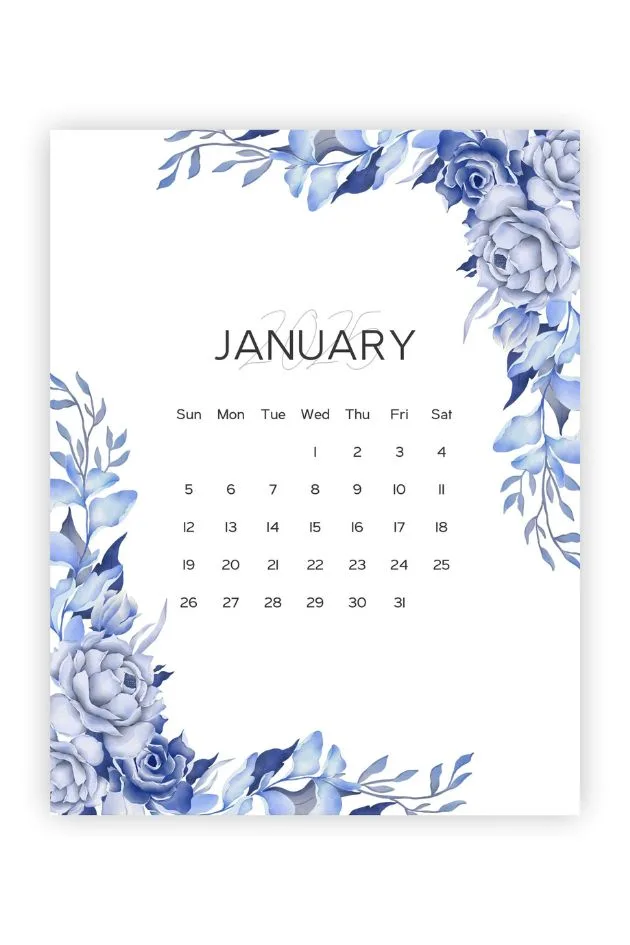 january blank calendar blue floral